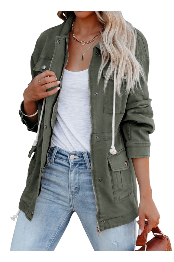 Women Lightweight Military Jacket Zip Up Buttons Utility Coat Outwear With Pockets