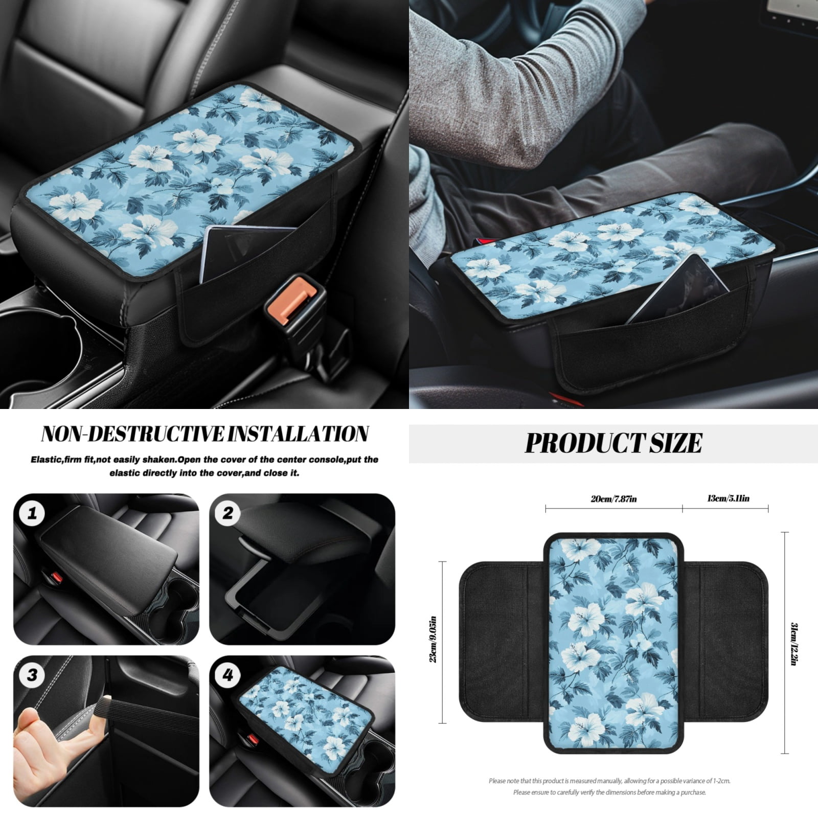 Jeiento Blue Hibiscus Flowers Car Seat Cover with Steering Wheel Cover Seat Belt Strap Pad Handbrake Gear Shift Knob Cover Rubbish Bin Armrest Cover Auto Rearview Mirror Cover Coasters 14 PCS