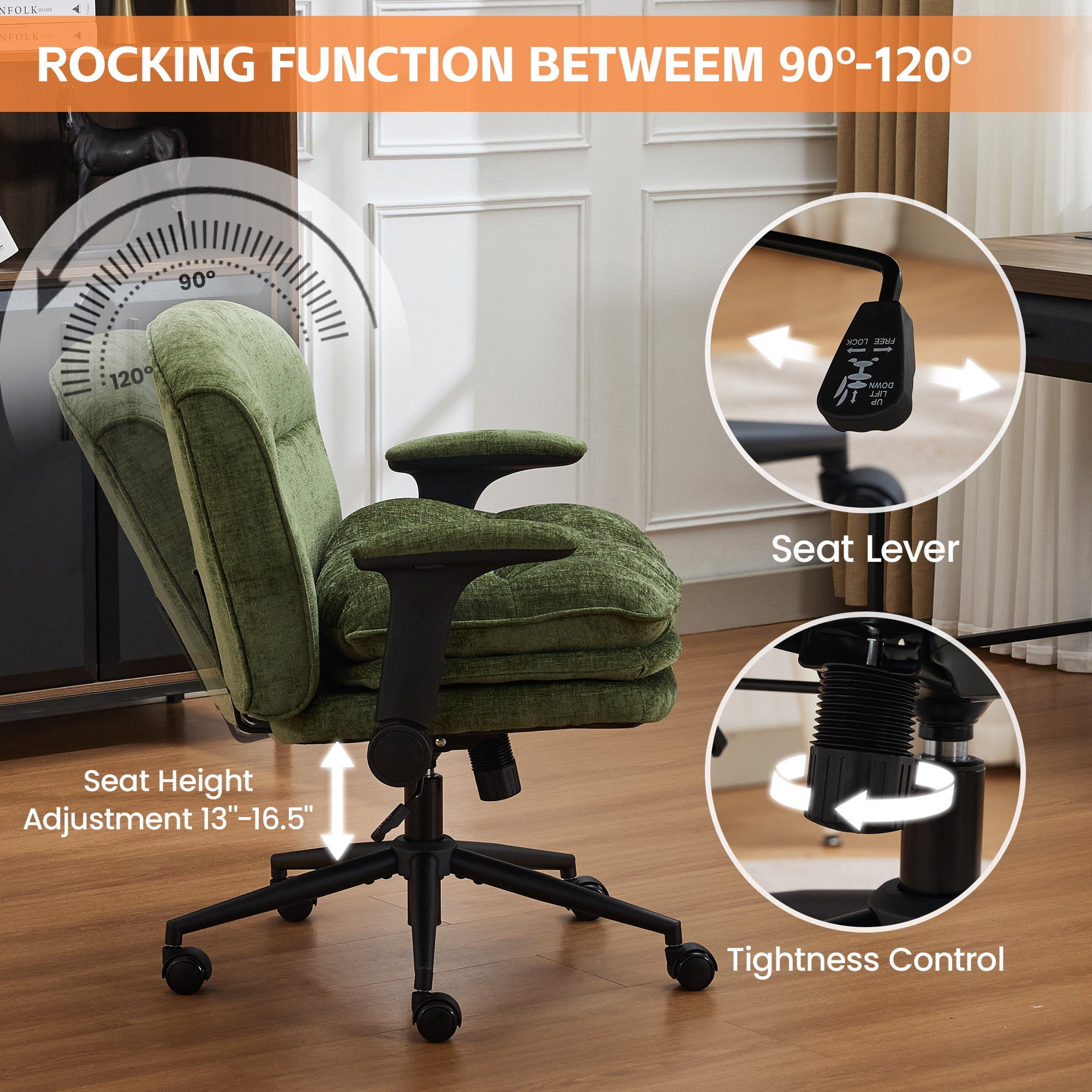 DOMICARE Criss Cross Chair with Flip-Up Arms, Wide Cross-Legged Office Chair with Wheels, Swivel Vanity Desk Chair, Green Chenille