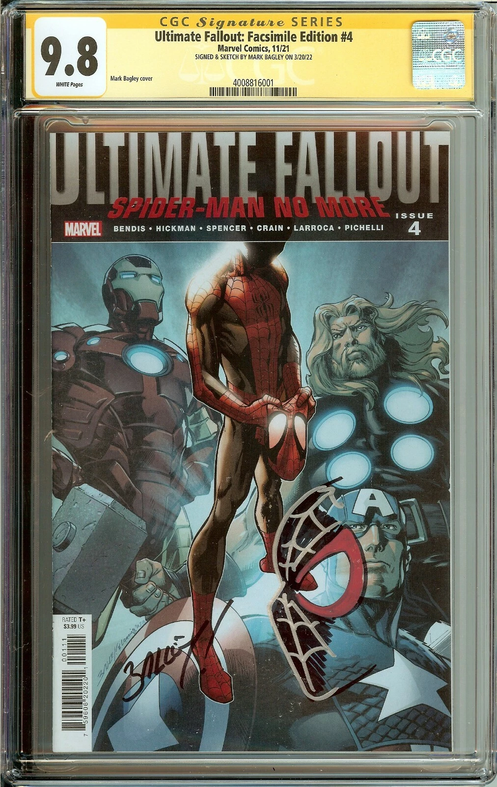 Ultimate Fallout Facsimile Edition #4 (Marvel, 2021) – CGC Signature Series 9.8 – Signed & Remarked by Mark Bagley