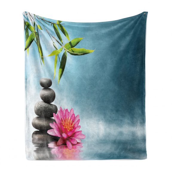 Spa Soft Flannel Fleece Throw Blanket, Theme Lily Lotus Flower and Rocks Yoga Style Purifying Your Soul Theme, Cozy Plush for Indoor and Outdoor Use, 50" x 70", Blue Pink Green, by Ambesonne