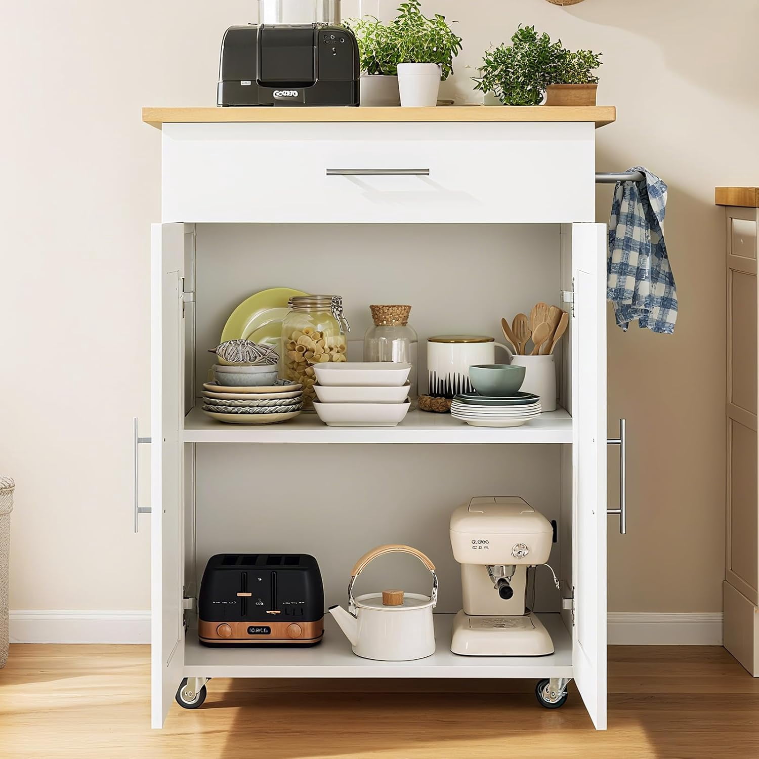 Kitchen Island Cart with Storage, Small Kitchen Island on Wheels with Large Drawer, Adjustable Shelf & Towel Rack, Rolling Island Table for Kitchen & Dining Room, White