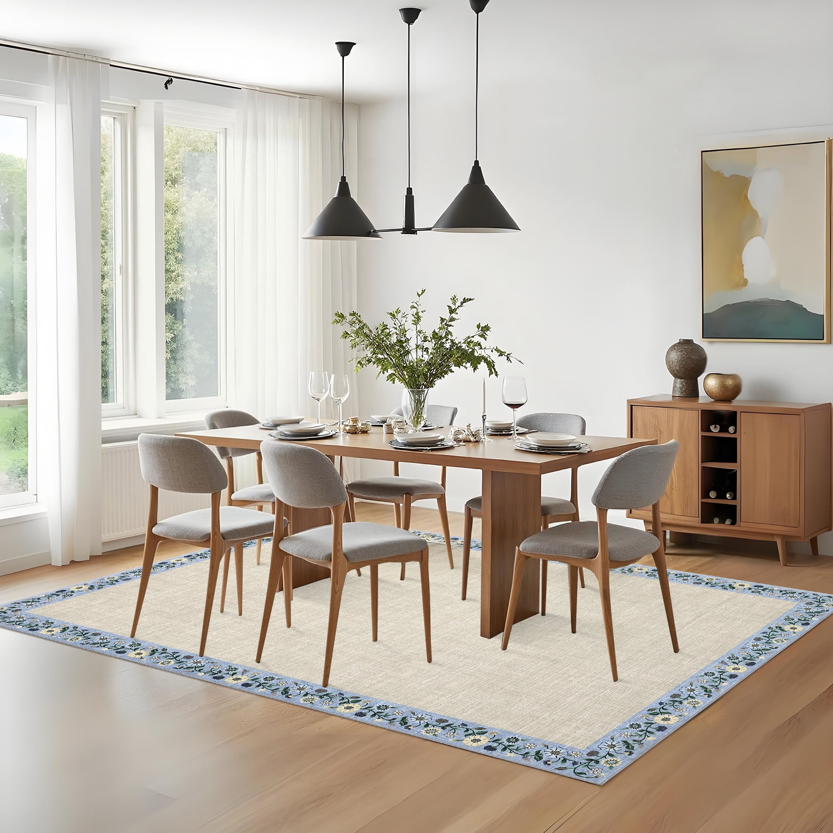 Hasoo Washable Living Room Area Rug 10x13 Large Modern Floral Border Soft Non Slip Indoor Beige Carpet