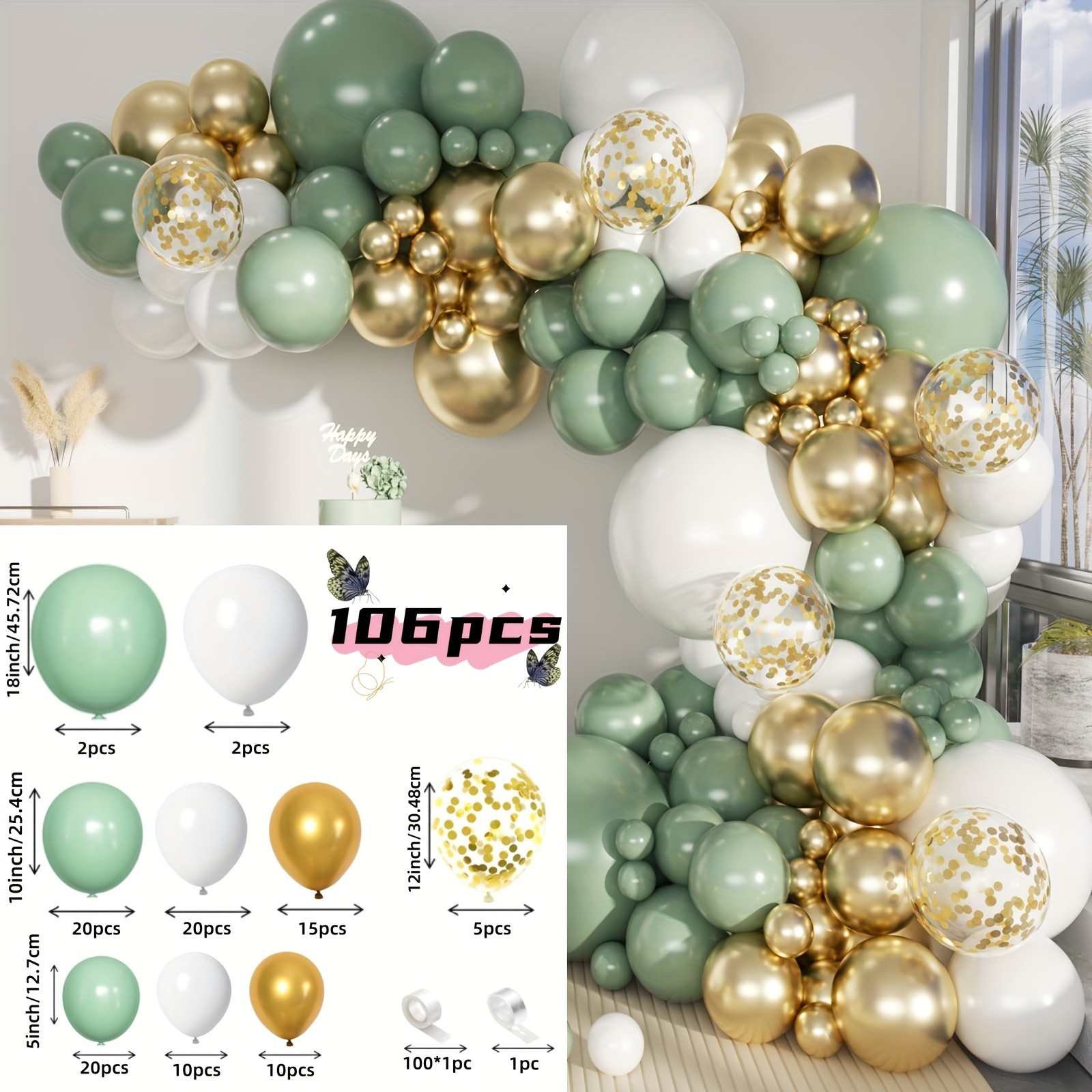 Green White Gold Balloon Garland Arch Kit - 106 Pcs Wedding Birthday Anniversary Party Decor for Indoor Outdoor Events, No Electricity Needed