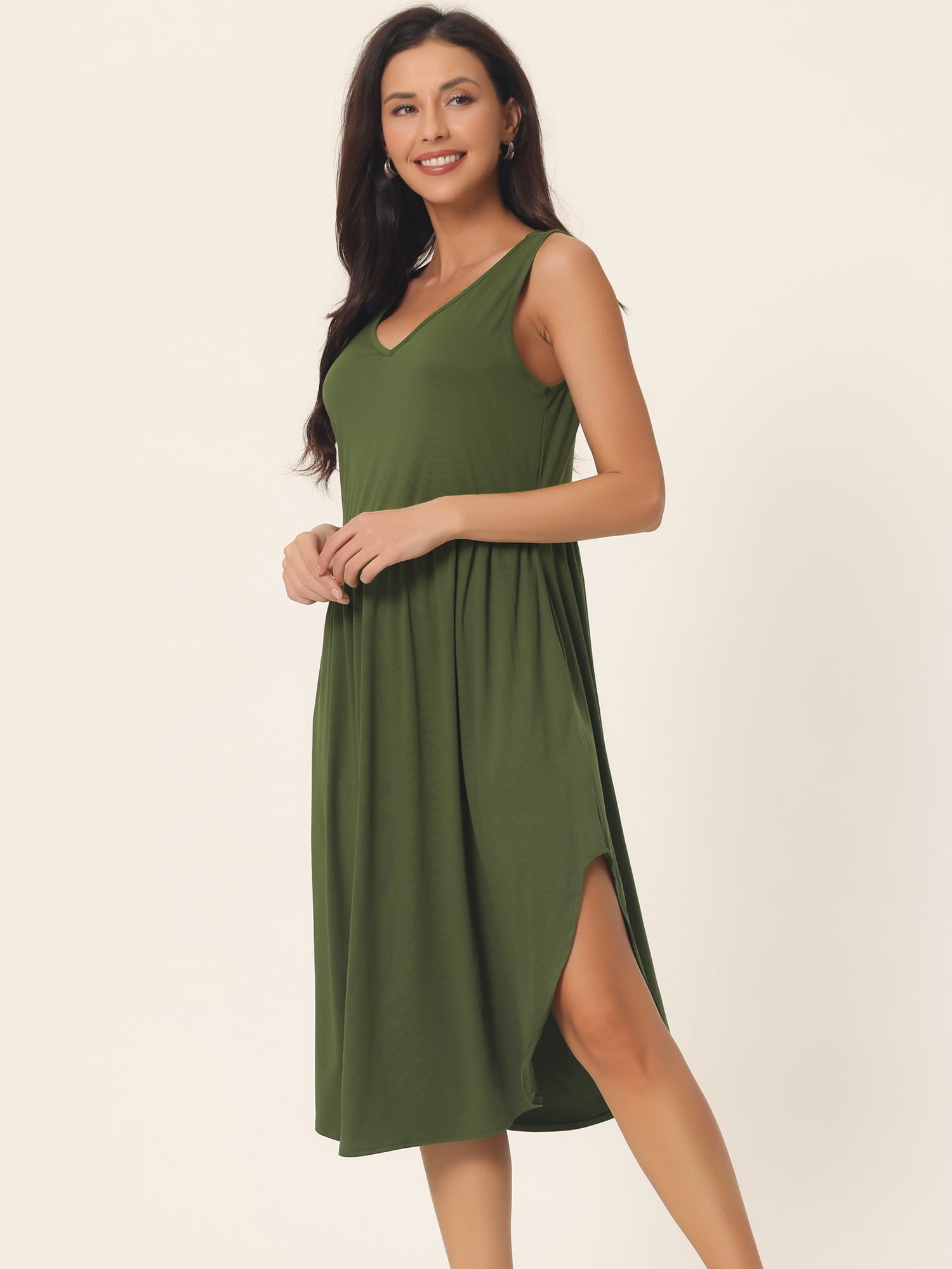Unique Bargains Women's Sleeveless V Neck Split Hem Midi Dress with Pockets XL Army Green