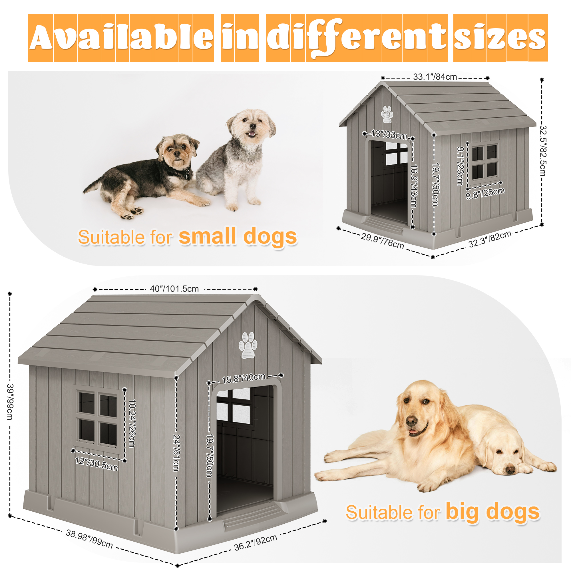 LHBcraft Dog House,Weatherproof Resin Shelter with Air Vents and Elevated Floor for Small-Medium Dogs,Dog kennel for Indoor&Outdoor,Gray,32.3" L x 29.9" W x 32.5" H