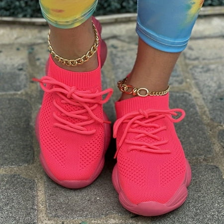 Going Outfits - Women s Breathable Knit Sneakers  Casual Lace Up Outdoor Shoes  Lightweight Solid Color Shoes-37
