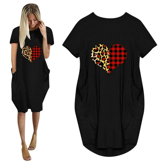 Womens Dress Plus Size Summer Casual Midi Dresses For Women 2023 Fashion Women Loose Love Print O-Neck Pockets Casual Short Sleeves Dress
