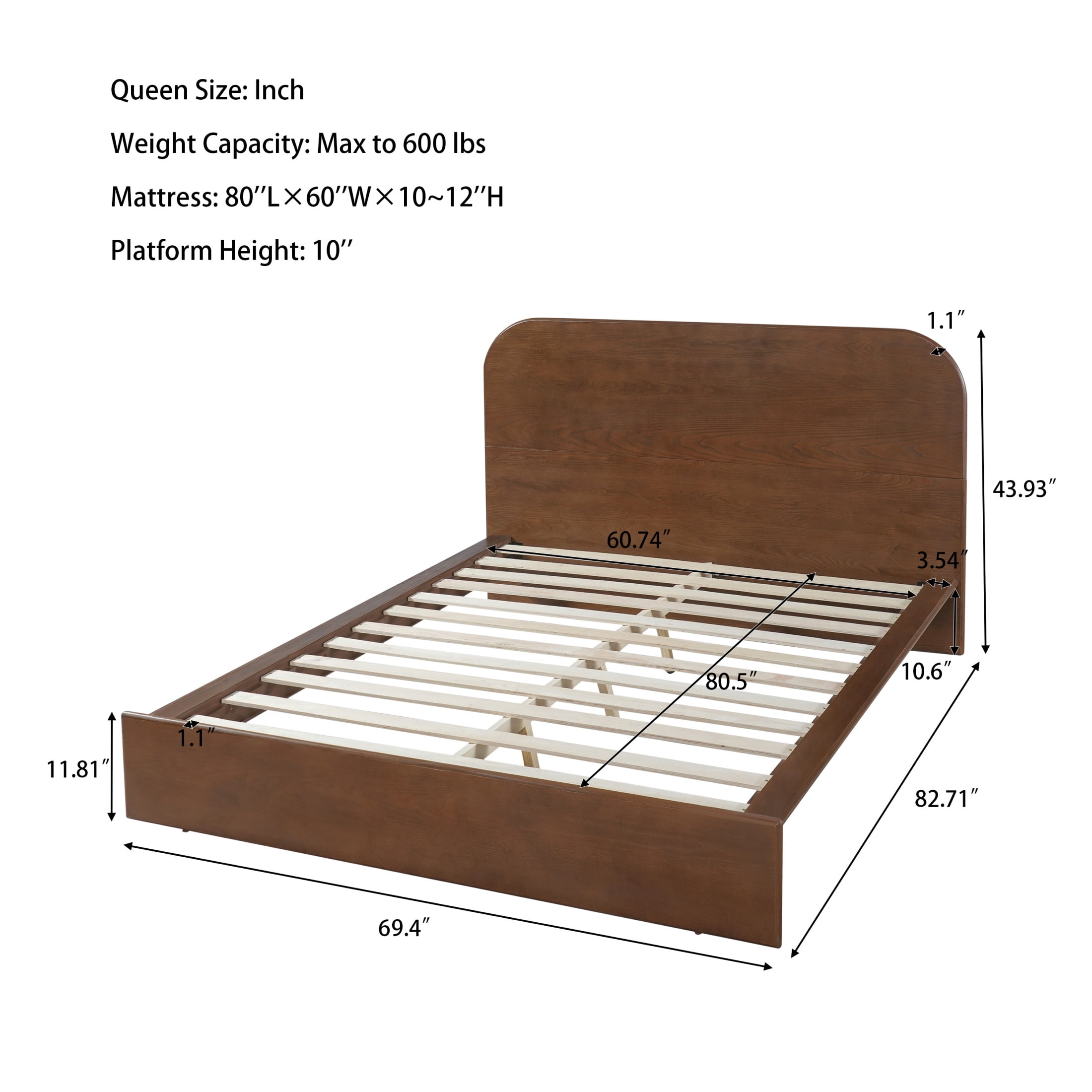 Christopher Knight Home Queen Modern Platform Bed, Rounded Headboard, Low Profile Wood Frame, Walnut
