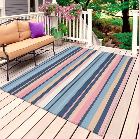 Blue Pink Striped Outdoor Rug for Patio/Deck/Porch, Non-Slip Large Area Rug 3 x 5 Ft, Farmhouse Vintage Stripe Indoor Outdoor Rugs Washable Area Rugs, Reversible Camping Rug Carpet Runner