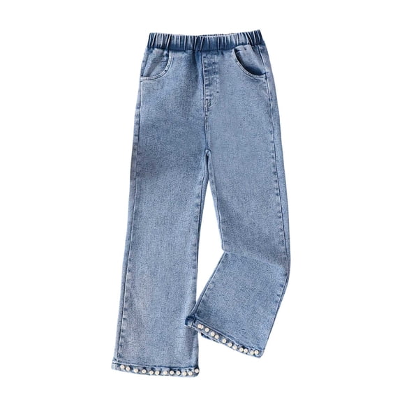 ZHANGDER Girls Cute Embroidered Baggy Jeans Wide Leg High Waist Denim Pants Pockets, Blue 9-10 Years