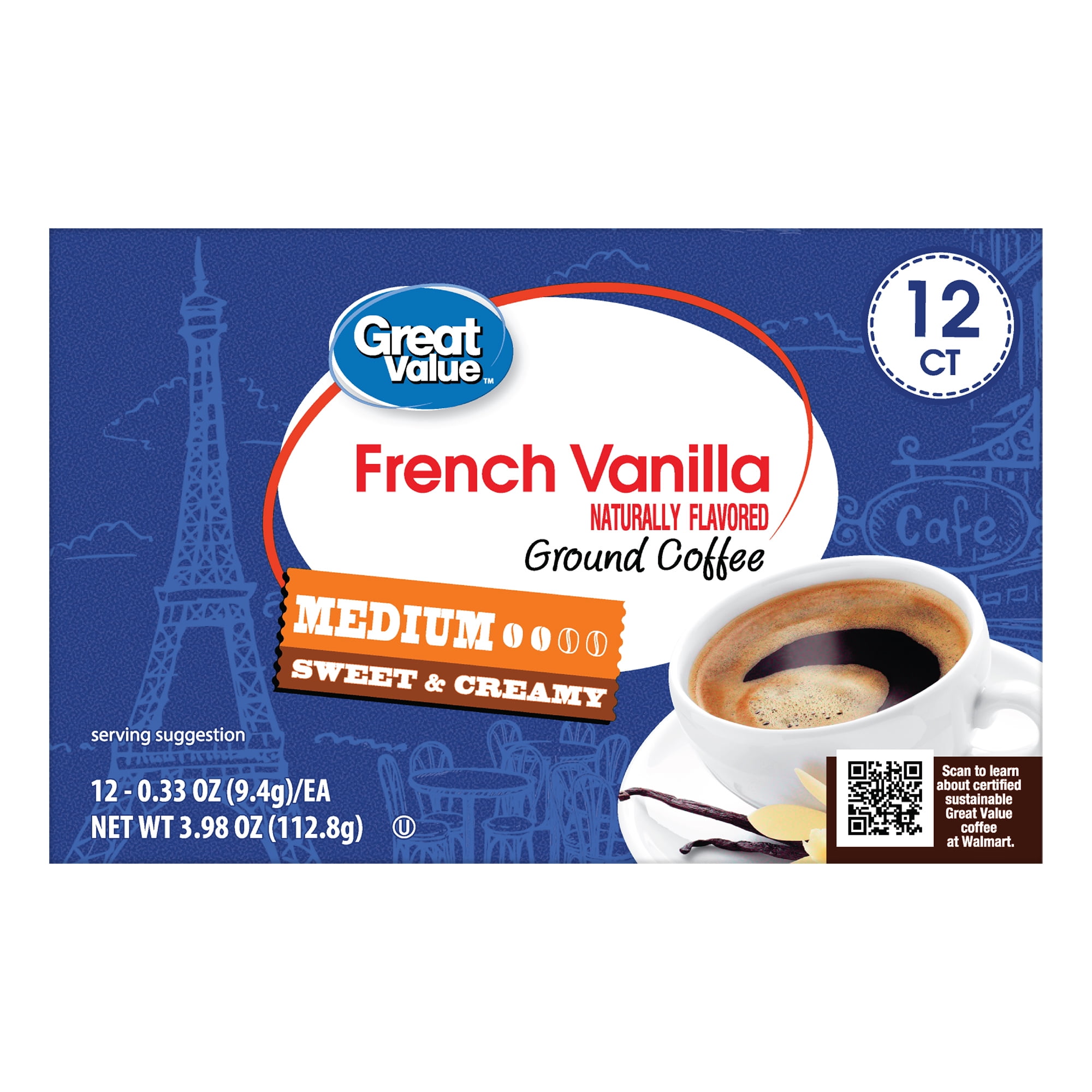 (6 pack) Great Value 100% Arabica French Vanilla Medium Roast Ground Coffee Pods, 12 Count