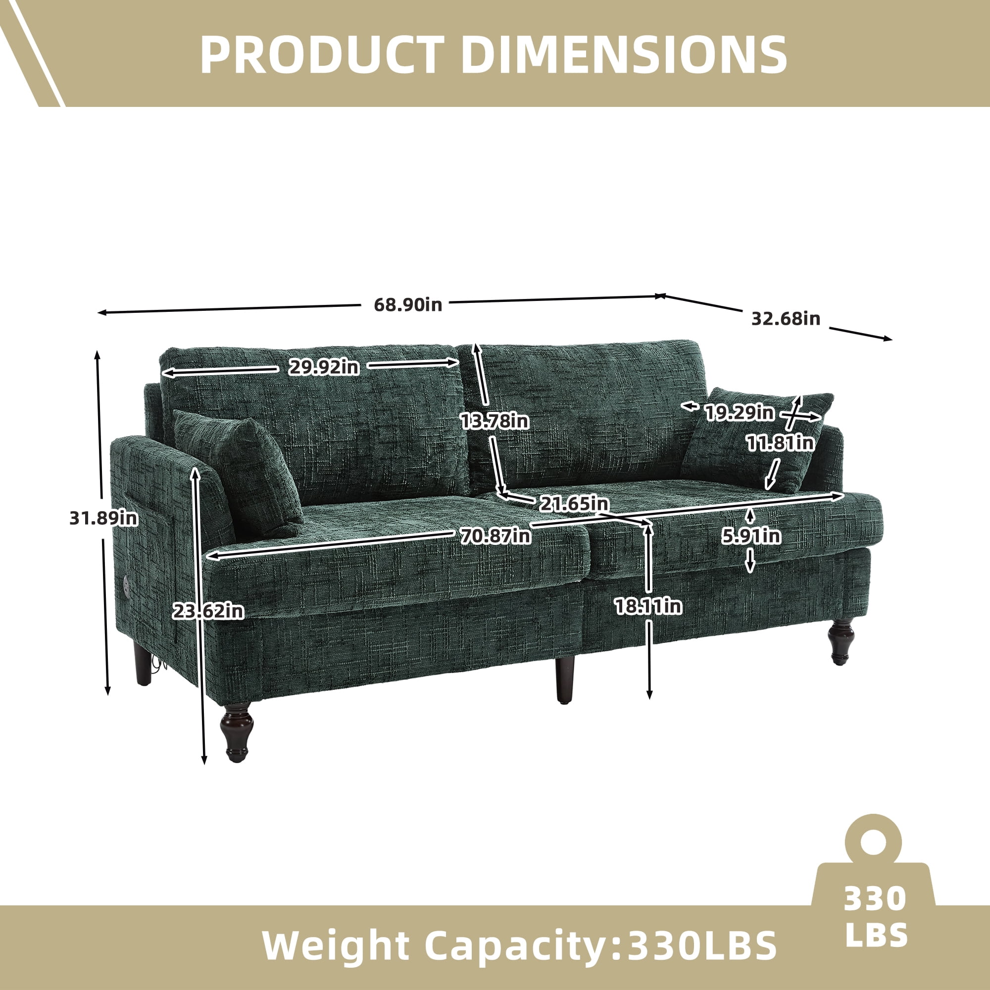 MOONMISS Chenille Upholstered Mid Century Modern Wood Frame Loveseats Sofa with LED light,USB and Side Pocket-Emerald