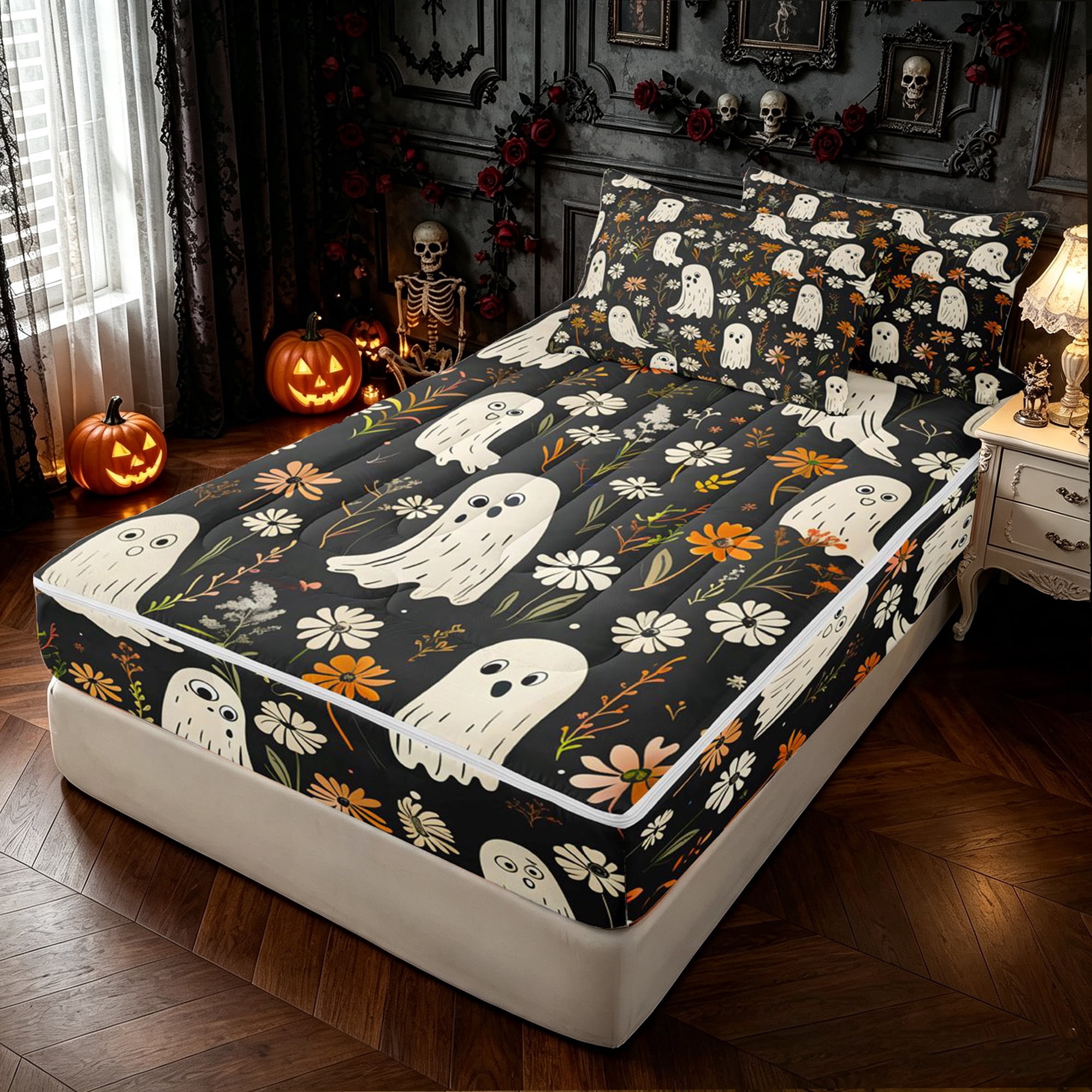 Feelyou Cute Halloween Ghost Zipper Full Size Comforter Sets with Fitted Sheet and 2 Pillowcases Boho Flower Daisy Zipper Bedding Set Black Reversible 4pcs