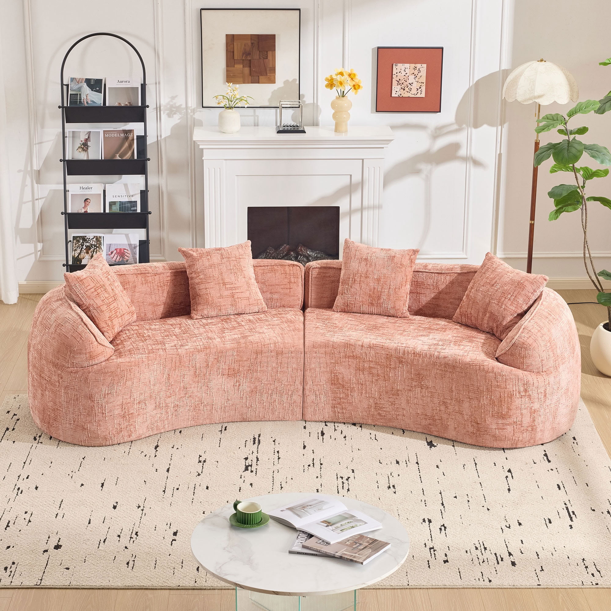 MAYEERTY 4-Seat Curved Compressed Sectional Sofa, Upholstered Cloud Modular Couch with Throw Pillows, No Assembly for Living Room Apartment Small Spaces