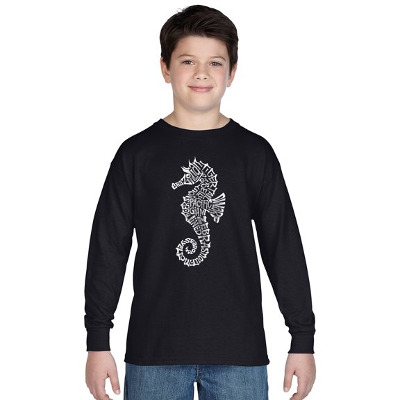 LA Pop Art Boy's Word Art Long Sleeve - Types of Seahorse