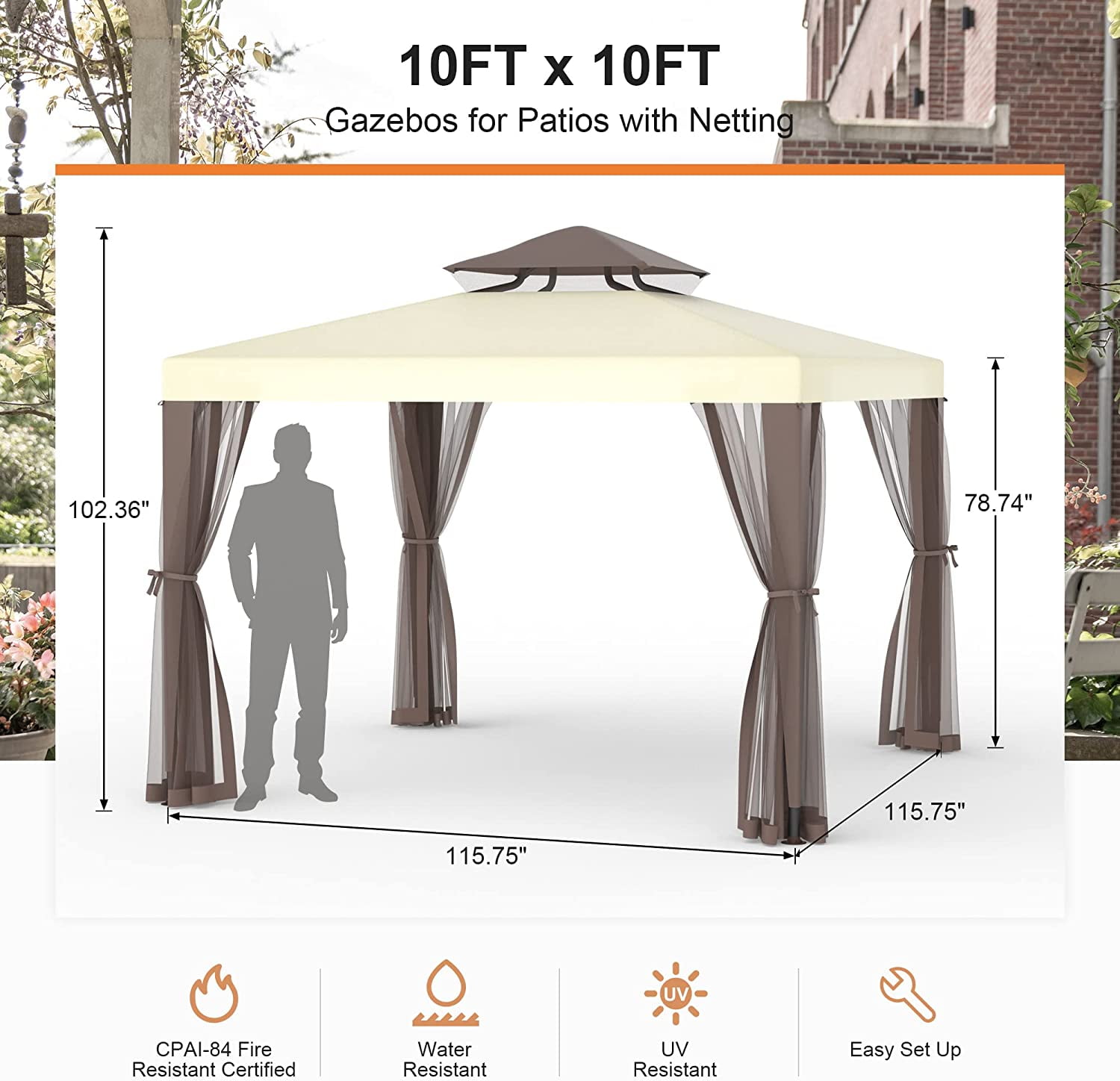 Phonjoroo Patio Gazebo Tent 10x10 ft, Outdoor Canopy Shelter