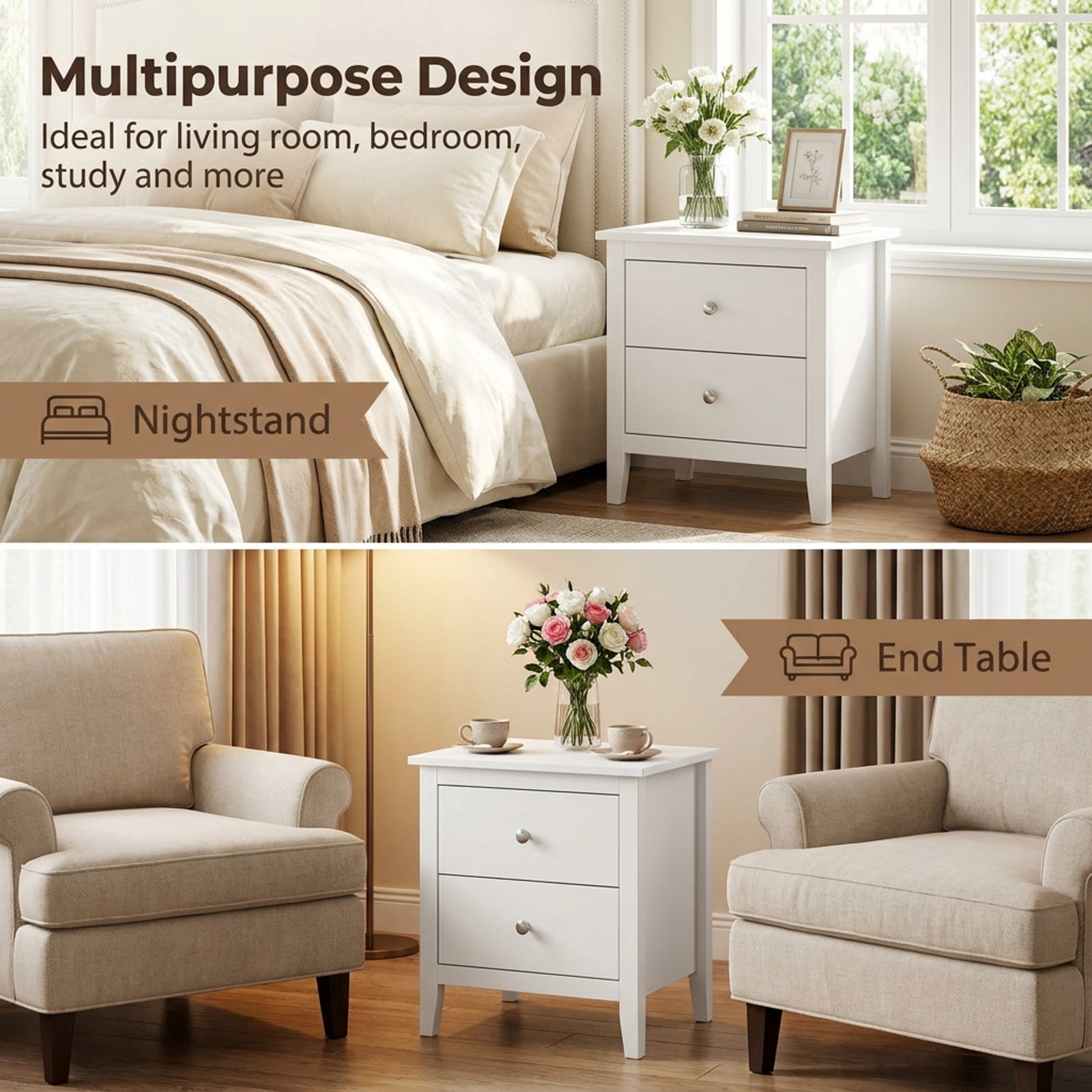 Furnibear Nightstand with 2 Drawers & Storage for Bedroom Living Room Small Spaces for Bedroom Living Room Bedside Sofa Side Small Space, White