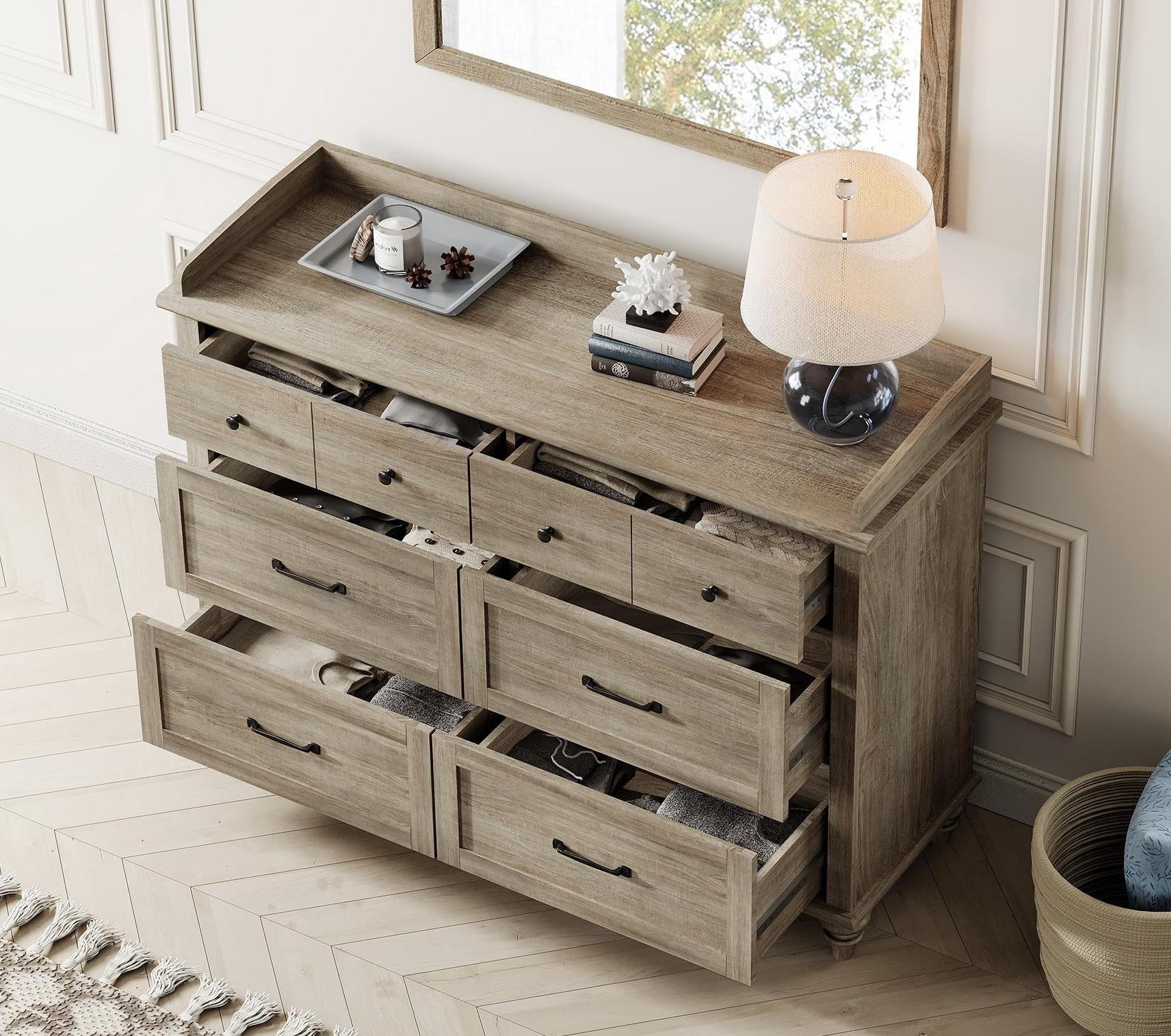 3 Piece Dresser and Nightstand Sets, Farmhouse Dresser with 6 Drawers, Set of 2 Night Stands with Charging Staion, 3 Piece Bedroom Set, Grey