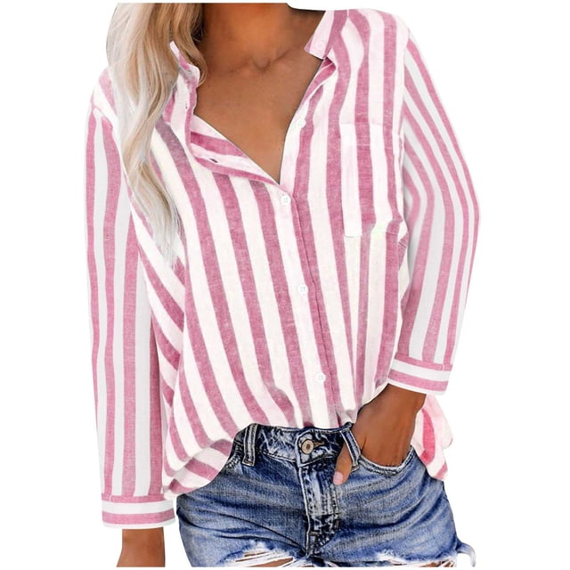 Women's Cotten Linen Striped Button Down Shirts Work Turndown Collar Roll-up Long Sleeve Tops Ladies Fall Outfits
