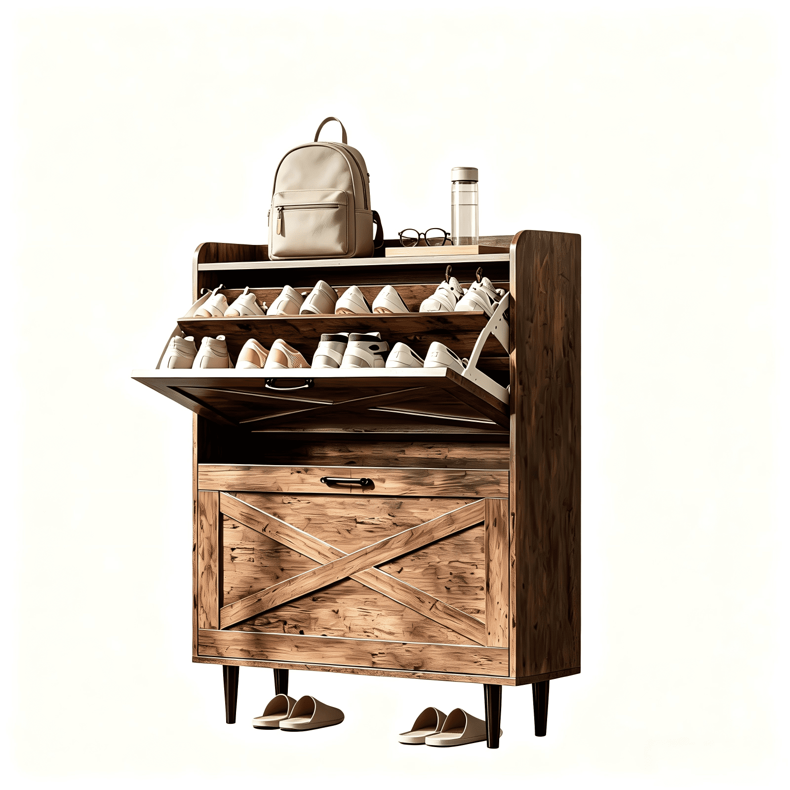 2 Flip-Top Drawer Shoe Cabinet with Sliding Barn Door and Guard-Rail