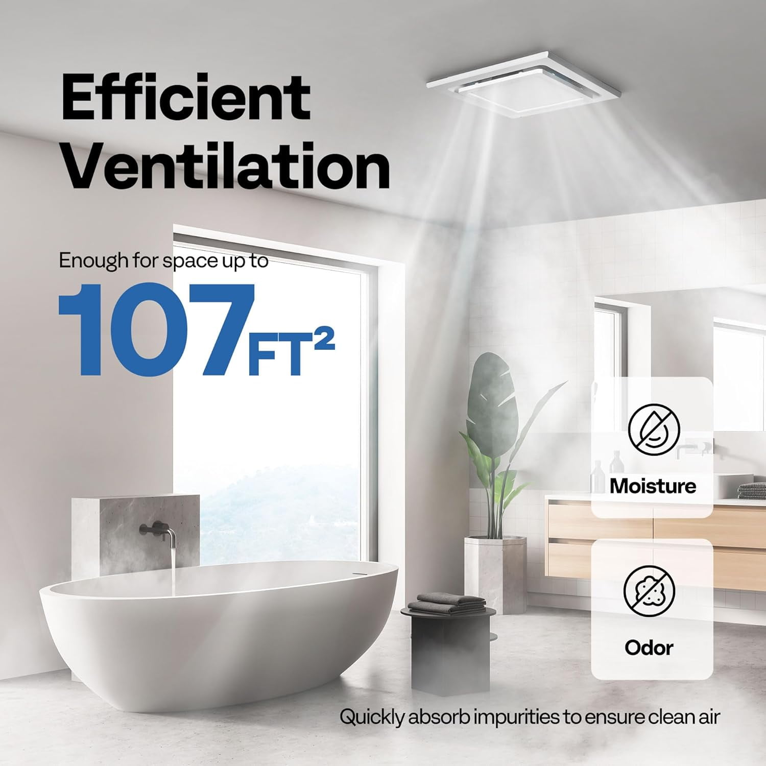 SPECSTAR Bathroom Exhaust Fan with Light, 165CFM Shower Ventilation Exhaust Fan with Adjustable 3000K/4500K/6500K LED Light Combo, Ceiling Mount w/ 4" Duct Hose 2.5 Sones Square Fan, 3 Color Light