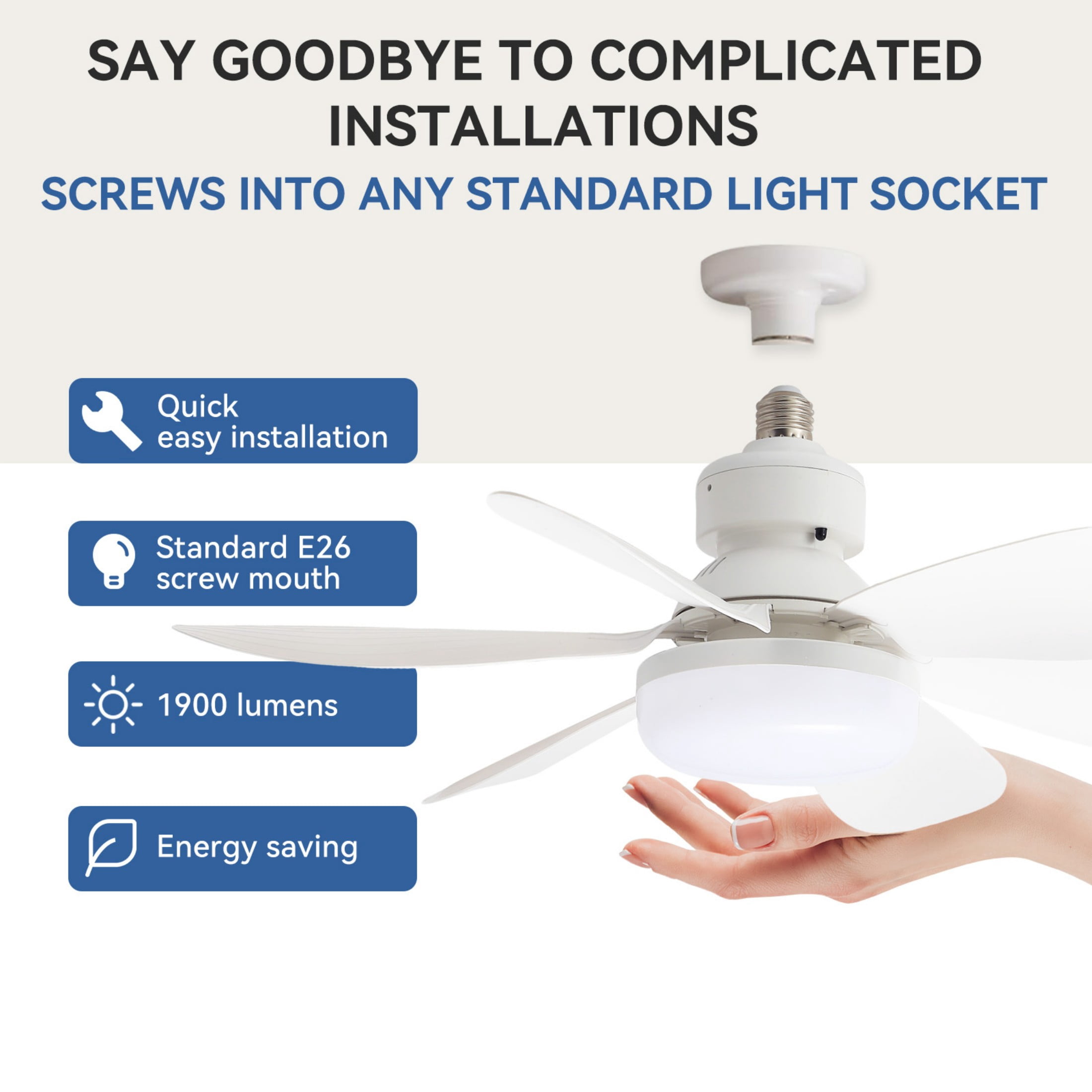 Sofucor Socket Fan Light with White, 20” Screw Ceiling Fans with Lights, E26 Base Small Ceiling Fan, Dimmable Socket Fan Ceiling Fan with Light