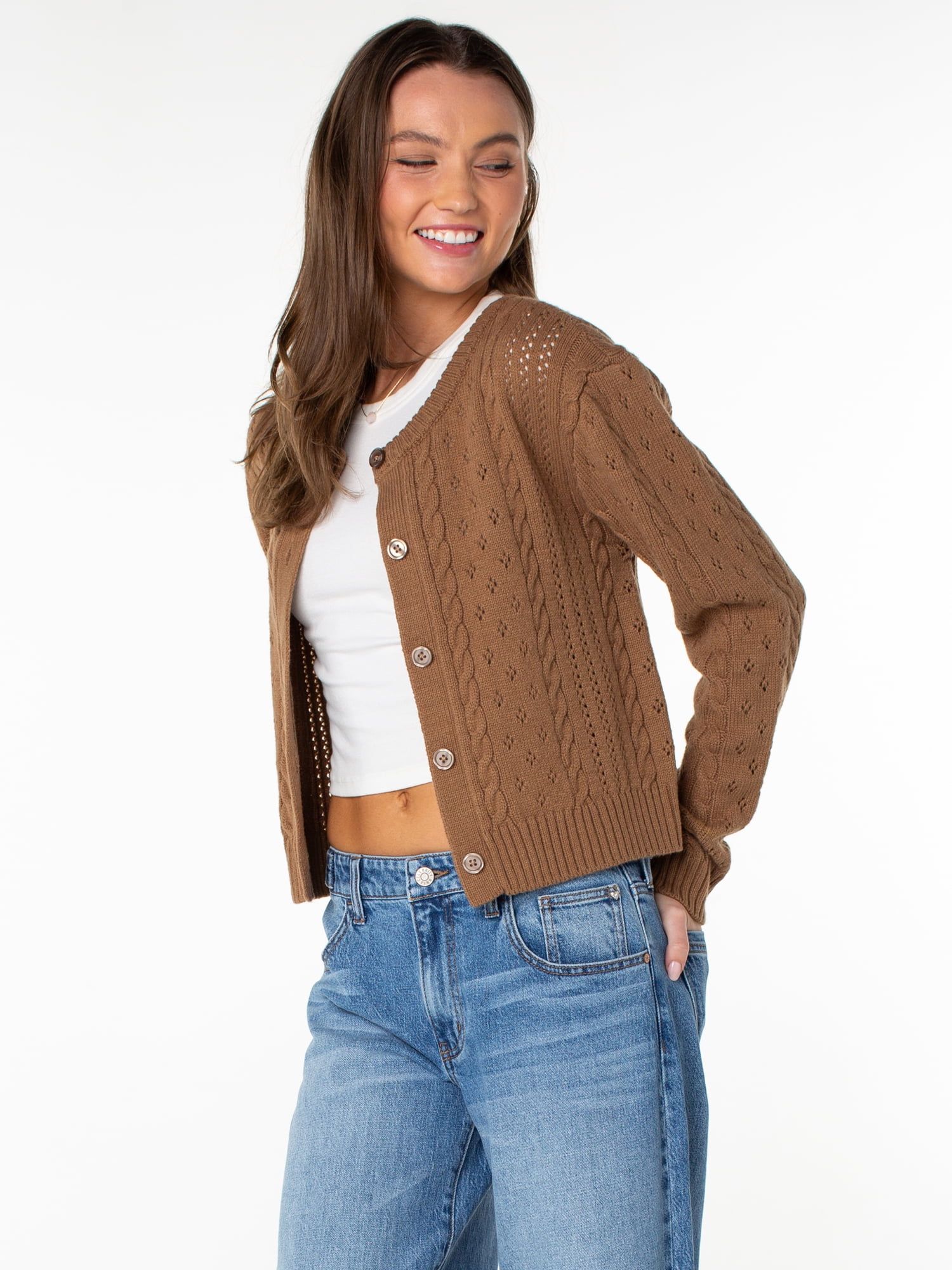 Celebrity Pink Women's Pointelle Crew Neck Cardigan Sweater, Sizes XS-4X