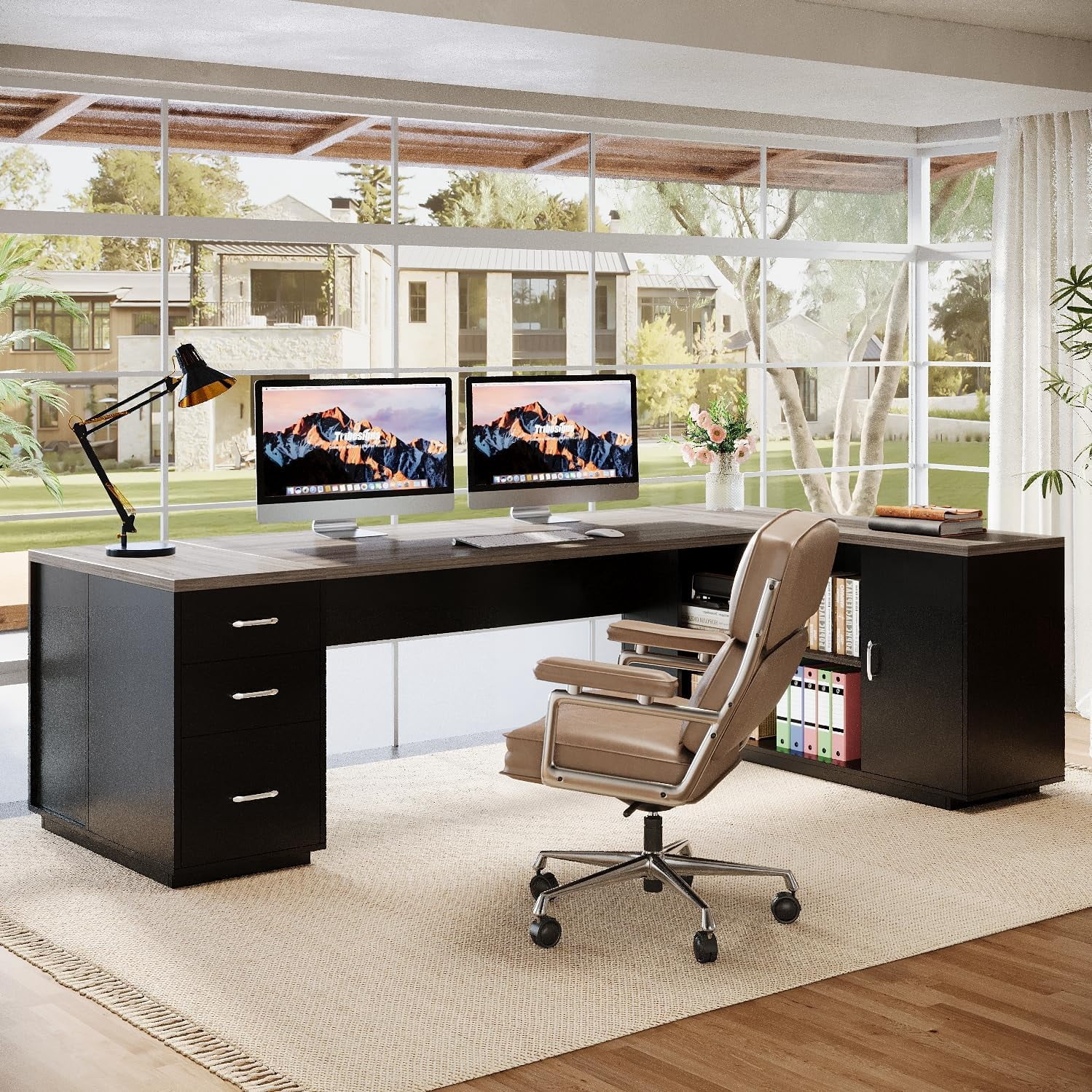 Tribesigns 85.8-Inch L-Shaped Executive Desk, Extra Large Modern Office Desk with File Drawers, Door Cabinet & Shelves, Gray&Black
