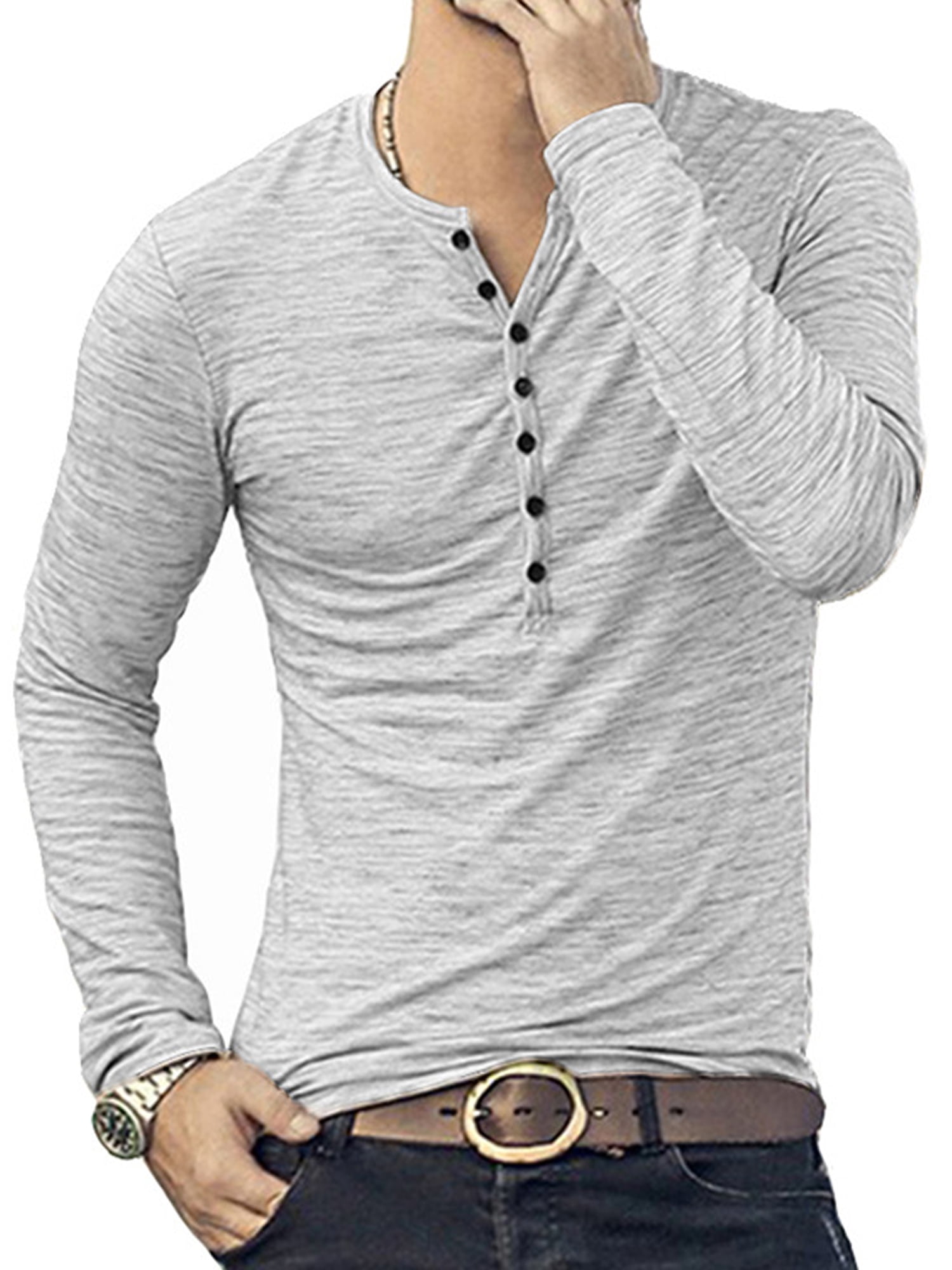 FEDULK Plus Size Mens Henley Shirt Long Sleeve Stand Collar Button Down Relaxed Fit Autumn Casual Tee T-Shirt 