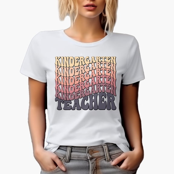 Kindergarten Teacher, Groovy Retro Wavy Text Merch Gift, White T-Shirt, Small