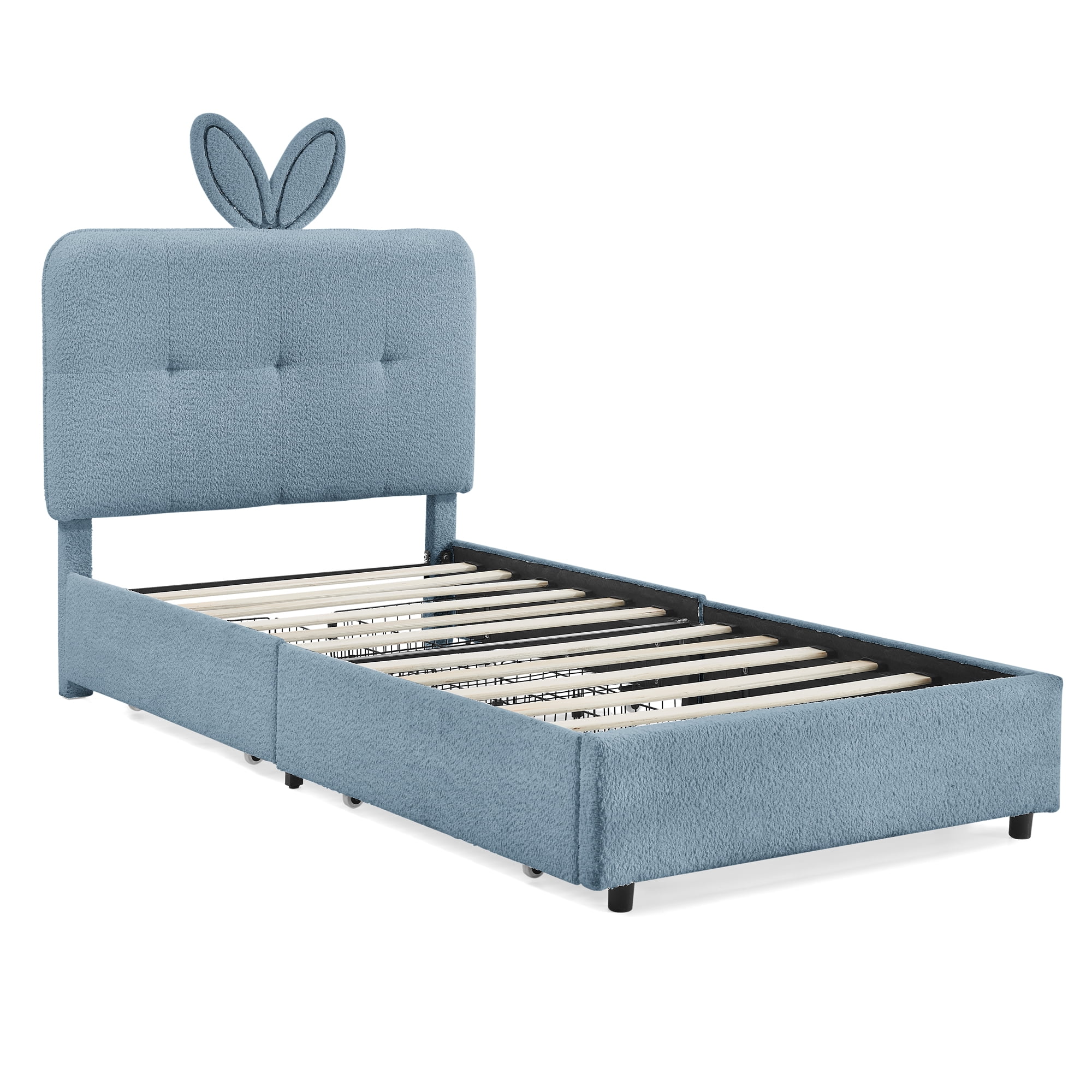T-Joy Cute Upholstered Kids Bed with 4 Storage Drawers, Boucle Wooden Platform Bed with Rabbit Ear LED Light, Twin Size, Navy Blue