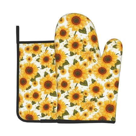 

Junzan Yellow Polka Dot Sunflower Pattern Oven Mitts and Pot Holders 2 pcs Set Potholders BBQ Gloves Long Kitchen Oven Glove for Cooking Baking Grilling (2-Piece Set 11 Inch)