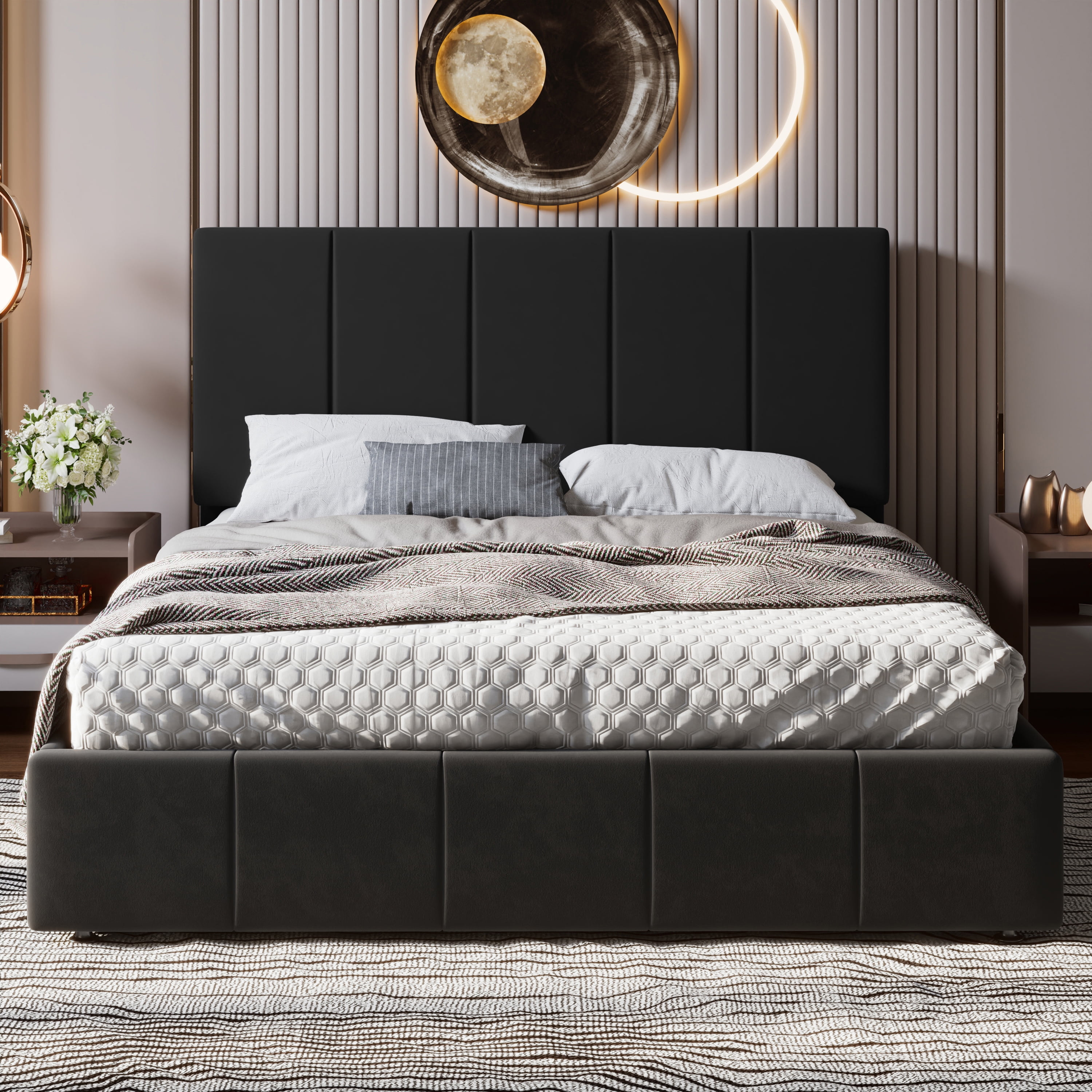 Einfach Queen Size Storage Bed Frame, Lift Up Velvet Platform Bed with Adjustable Upholstered Headboard, No Box Spring Needed, Black