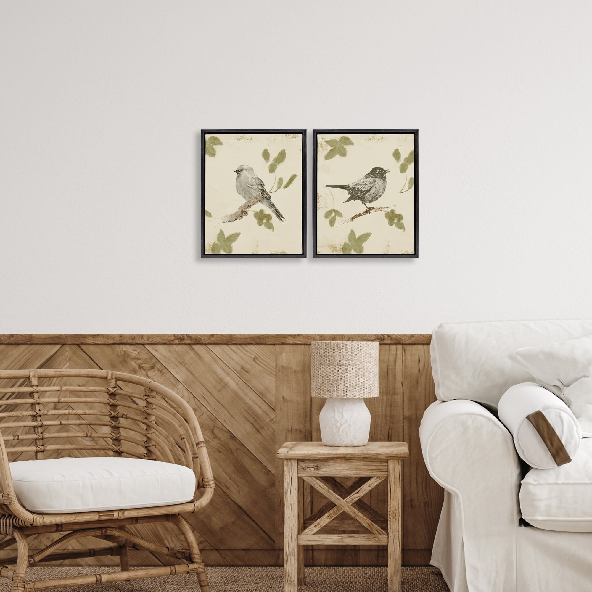 Stupell Industries Neutral Bird Scene 2 Piece Black Framed Floater Canvas Set, design by Lanie Loreth