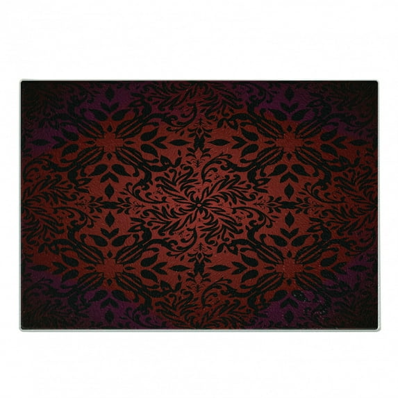 Oriental Cutting Board, Mandala Inspired Curly Flowers and Leaves Details Frame Illustration, Decorative Tempered Glass Cutting and Serving Board, Small Size, Vermilion and Black, by Ambesonne