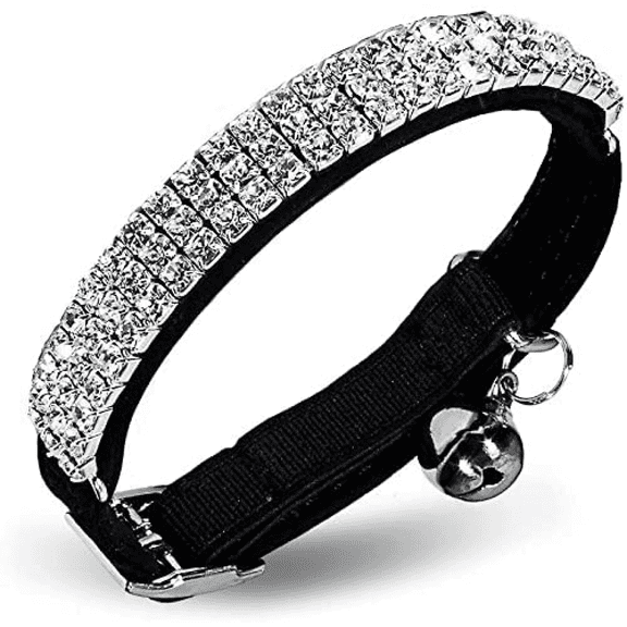 Soft Velvet Safe Cat Adjustable Collar Bling Diamante with Bells,11 inch for Small Dogs and Cats, Black