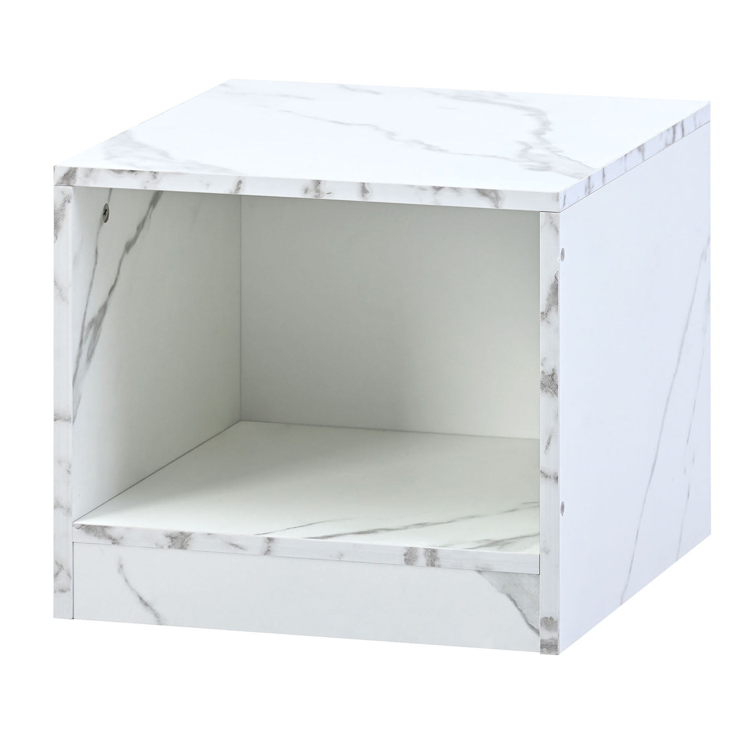 Kadyn Modern Coffee Table, Particle Board Tea Table with Metal Frame, Simply Assemble Square Corner Tables with High Gloss White Marble Finish, White+Black