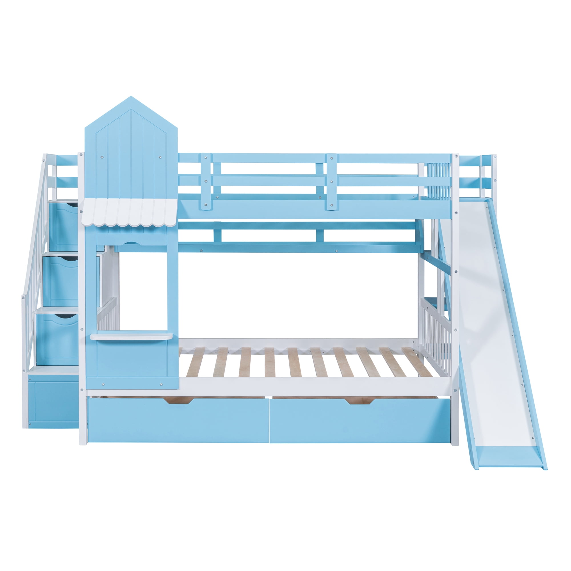 Full over Full Bunk Bed for Kids, Castle Style Bunk Beds with 2 Drawers, Slide and Storage Shelves, Solid Wood Bunk Bed Frame for Kids Girls Boys Teens