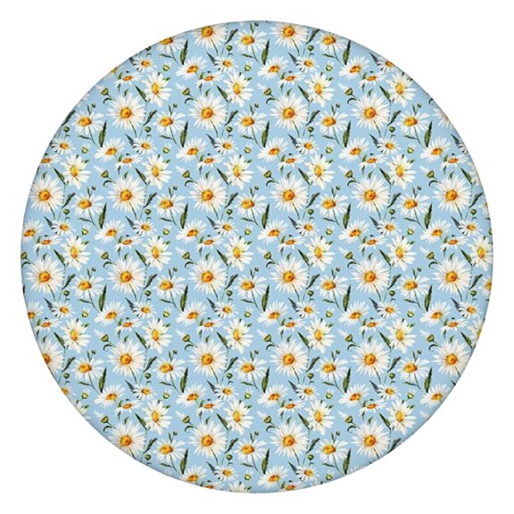 Lightblue Daisy Flower Green Dots Pattern Round Fitted Tablecloth with Elastic Edge,Dining Table Cover Waterproof,Outdoor Round Tablecloth for Camping,Dining,Indoor and Outdoor
