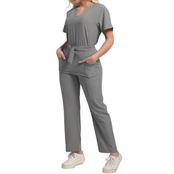 HAJWOH Womens Scrubs Sets Gray Stretchy Nurse Uniform Short Sleeve V-Neck Scrub Top & Jogger Pants Solid Color Scrub Suit with Multi Pockets Gray XXL