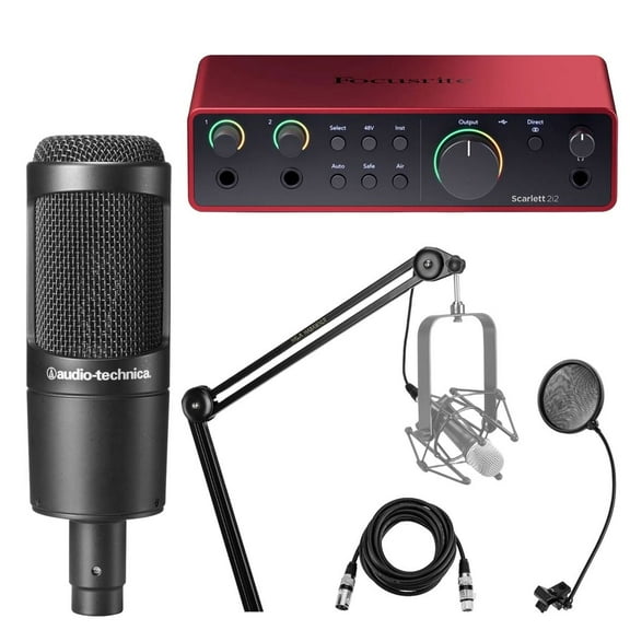 Audio-Technica AT2035 Cardioid Condenser Side-Address Microphone, 20Hz to 20kHz Frequency Response, - Bundle with Focusrite Scarlett 2i2 2x2 USB Audio Interface, Boom Arm with XLR Cable, and More