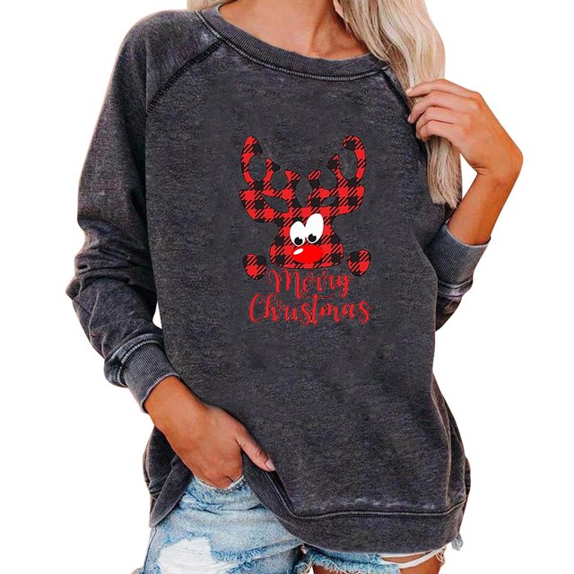 Gibobby Sudaderas de moda con cuello redondo Sudadera sin capucha de manga larga con estampado navideño para mujer (Gris, S)