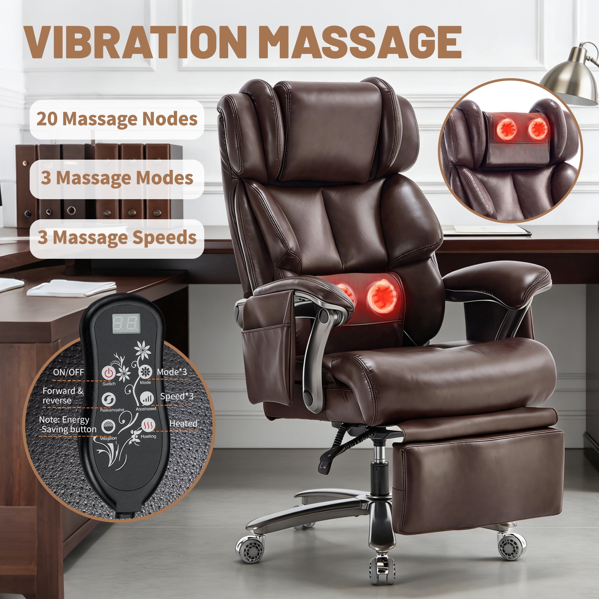 800lbs Big and Tall Massage Office Chair with Heat and Footrest, Heavy Duty Reclining Executive Desk Chair with 20-Point Massage, Extra Wide Seat Ergonomic Chair for Home Office
