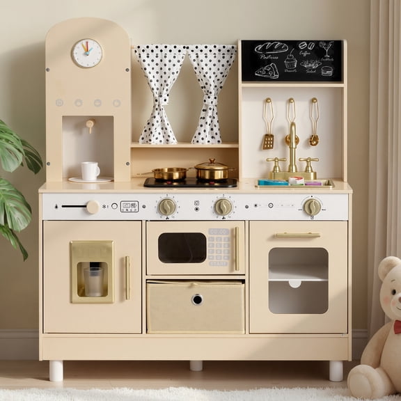 VEVOR Play Kitchen for Kids, Wooden, Kids Kitchen Playset with Realistic Lights & Sounds, Food & Cookware, Modern Style Pretend Play Toy Set, Ice Maker, Microwave, for Toddlers, Girls & Boys Ages 3-8