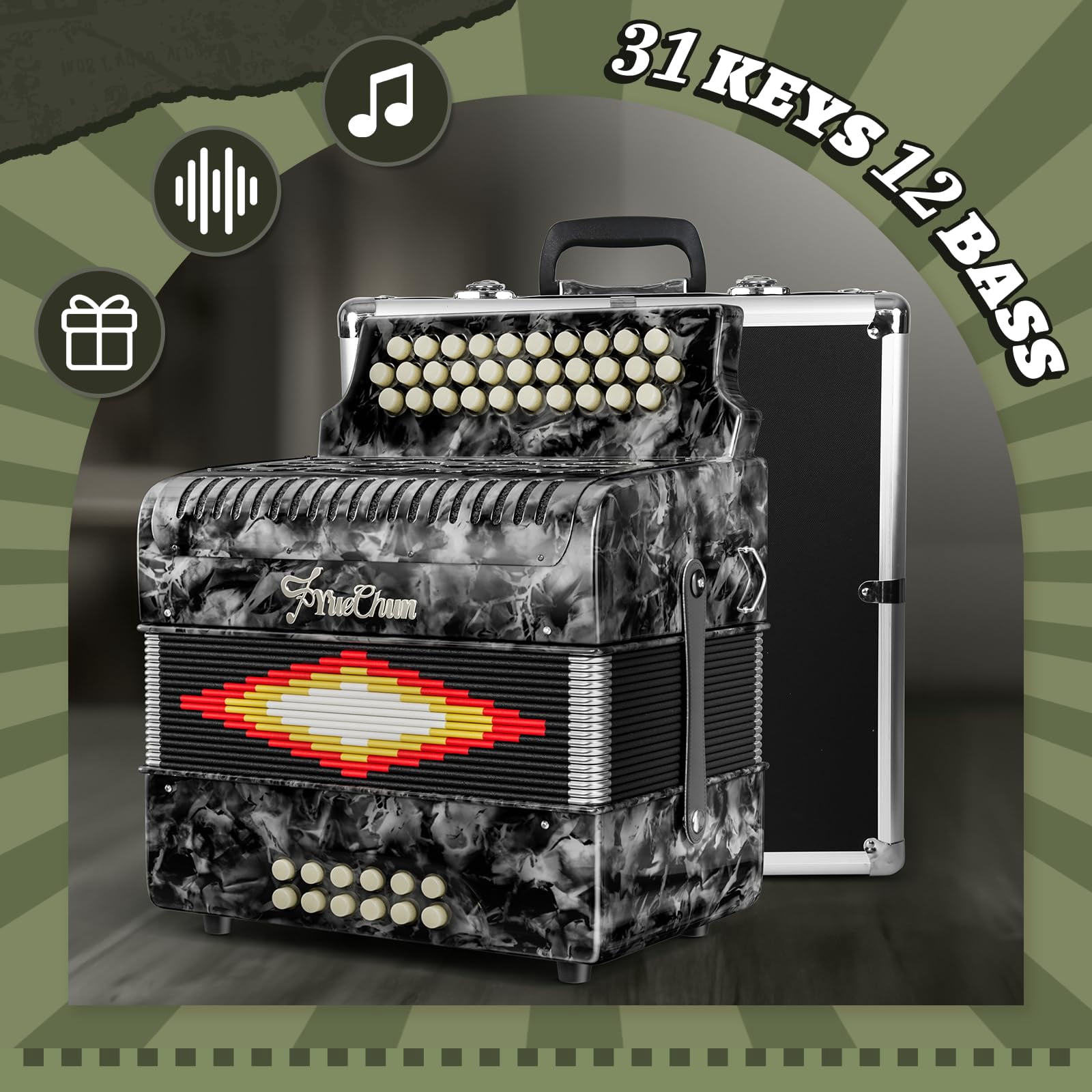 YueChun Accordion, 31 Keys 12 Bass G/C/F Diatonic Button Accordion , Portable Professional Button Accordion with Case (Gray)