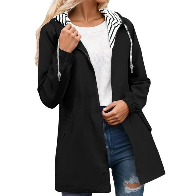 Vestes pour Femmes, Coupe-Vent Léger pour Randonnée avec Capuche Poches Rayées Anorak Extérieur pour Randonnée Voyage (Noir, P)
