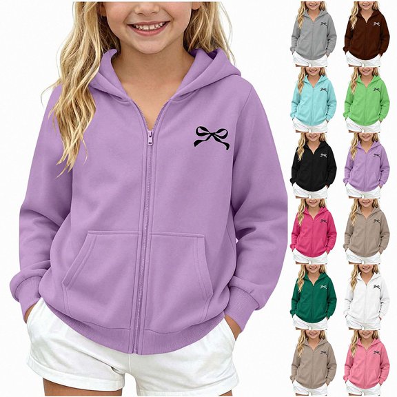 WAVSUF Girls Fleece Zipper Jacket, Windproof with Pocket Long Sleeve Winter Casual Hooded Jacket 10-12