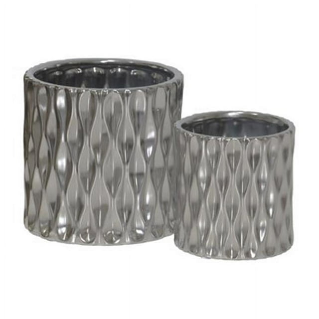 Urban Trends Collection 45914 Ceramic Cylindrical Pot with Wide Mouth & Embossed Wave Design Body, Silver - Set of 2