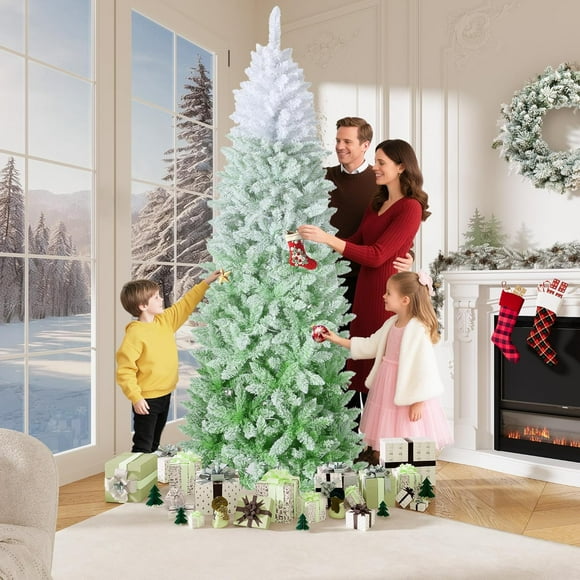 EastVita 7.5FT Christmas Tree with Lights,Snow Flocked Artificial Skinny Pencil Tree,Foldable Base,Xmas Decor for Home Party Office,White & Green